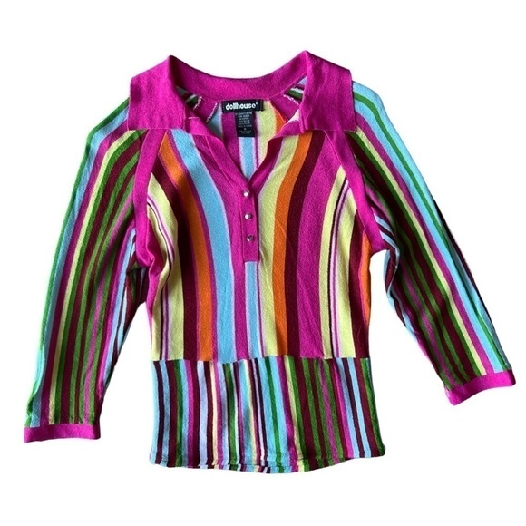 Dollhouse Tops - Dollhouse Women’s Retro 70s Barbie Style Multicolor Striped Collared Top, Small